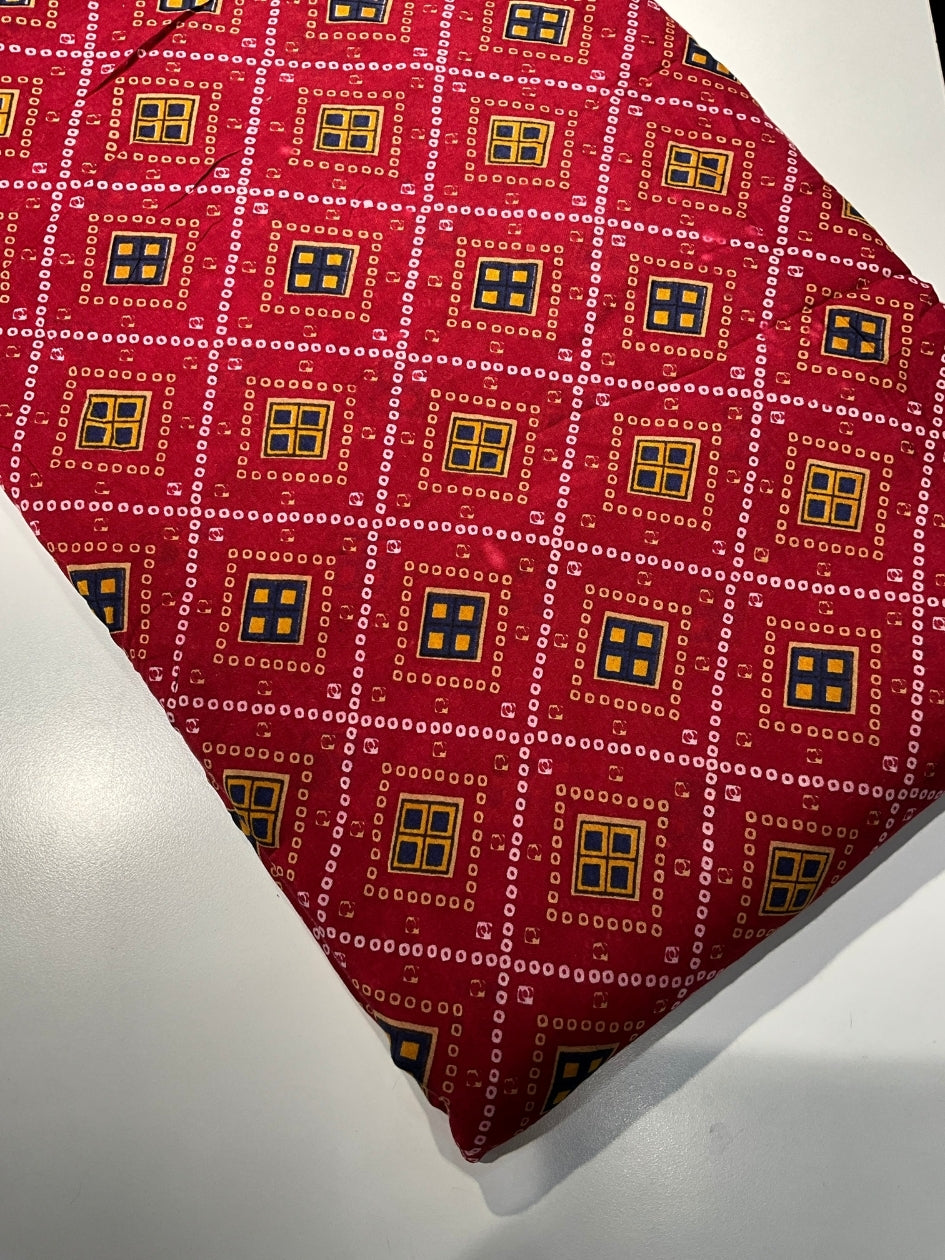 Printed Muslin Fabric - Red, Green & Yellow