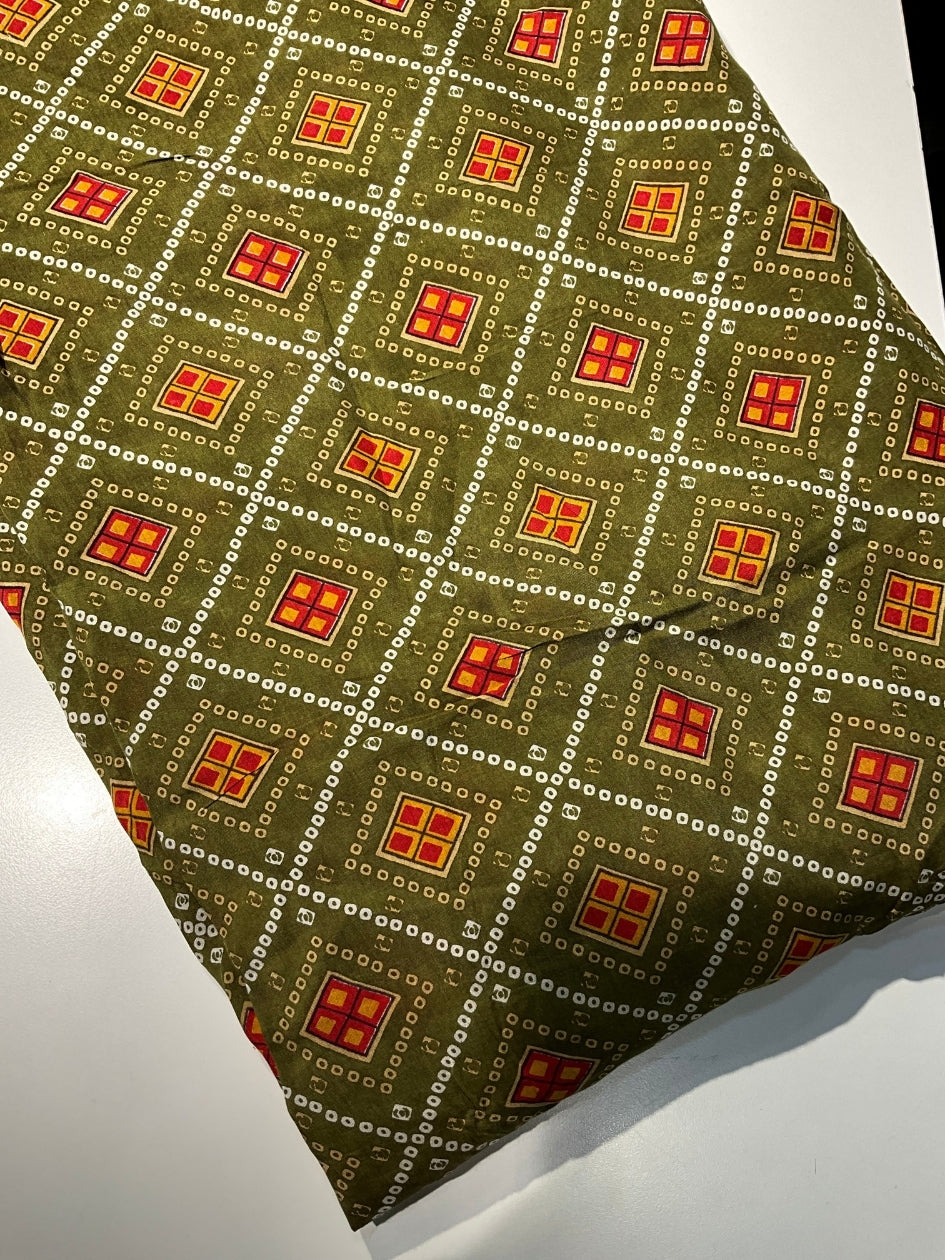 Printed Muslin Fabric - Green, Red & Yellow