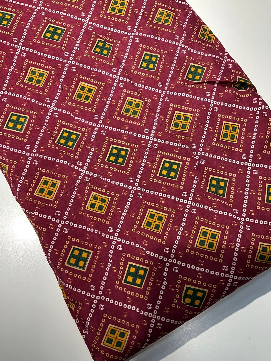 Printed Muslin Fabric - Maroon, Green & Yellow