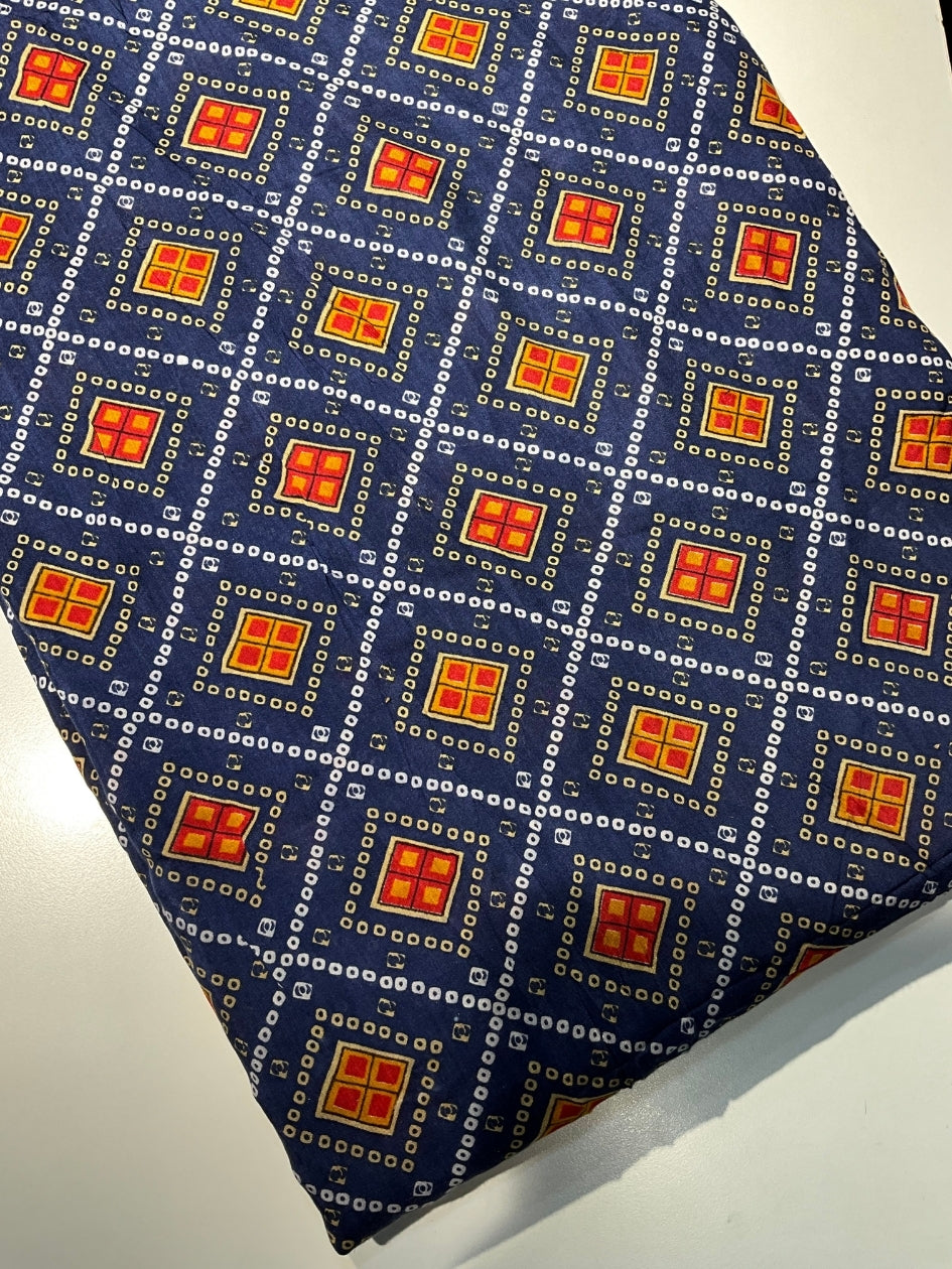 Printed Muslin Fabric - Blue, Red & Mustard